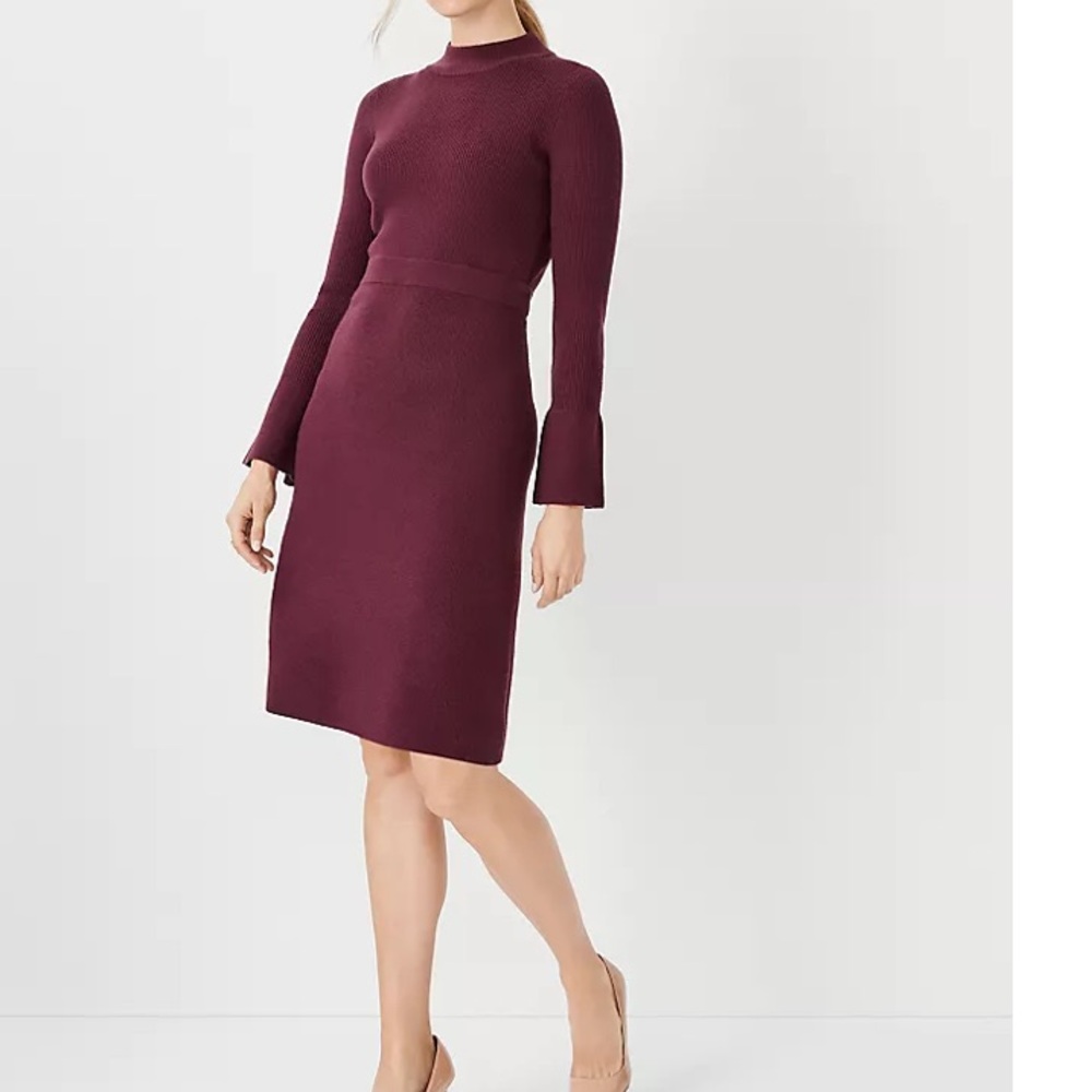Ann Taylor Petite Crystal Button Cuff Ribbed Flare Sweater Dress